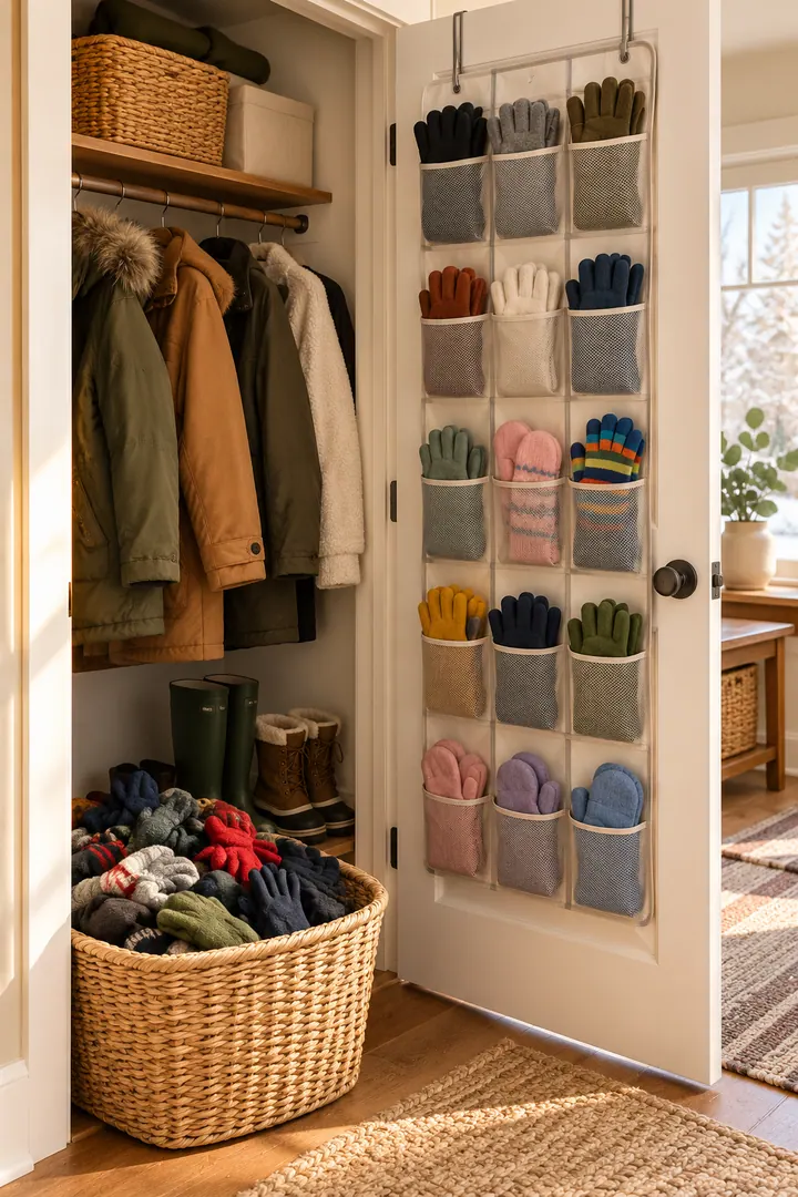 Clean Photo of winter glove pairing pockets in Coat closet door showing assign one pocket per pair.