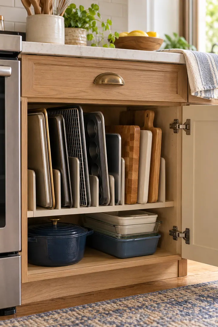 Detail/Lifestyle Photo of baking sheet vertical file in Kitchen base cabinet showing file trays on edge.