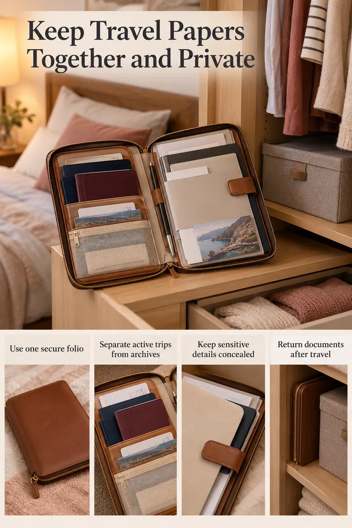 Editorial Educational Collage of travel document secure folio in Bedroom wardrobe showing use one secure folio.