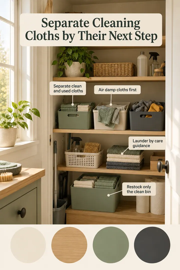 Color Palette Guide of cleaning cloth rotation bins in Utility cupboard showing separate clean and used cloths.