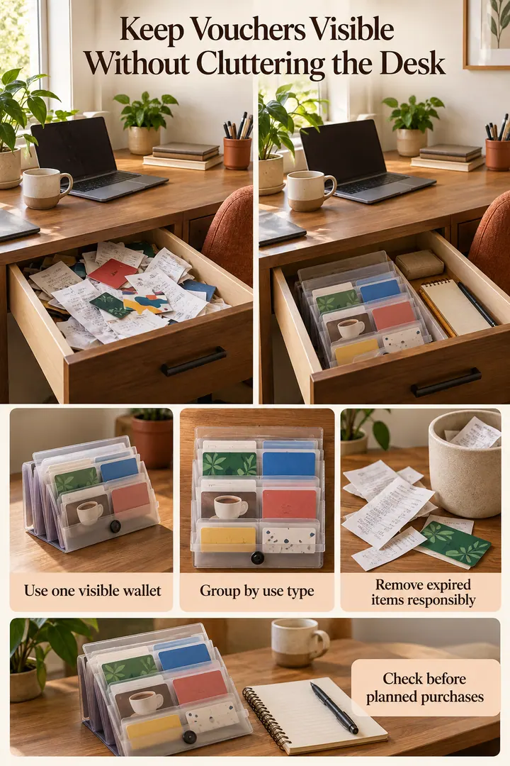 Room-by-Room Visual Guide of gift card and voucher wallet in Home office drawer showing use one visible wallet.