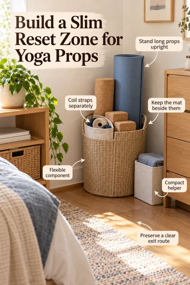 Budget Decor Catalog of yoga prop vertical basket in Bedroom corner showing stand long props upright.