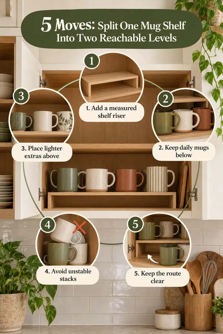 Numbered Ideas Infographic of mug shelf riser zones in Kitchen wall cabinet showing add a measured shelf riser.