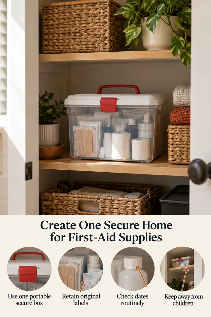 Annotated Educational Photo of first aid portable box in Hall closet showing use one portable secure box.