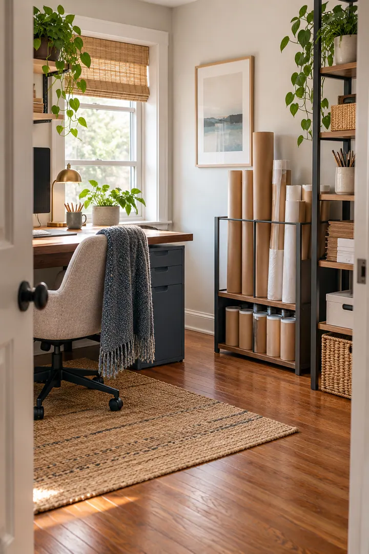 Clean Photo of mailing tube vertical corral in Home office corner showing stand tubes in a tall corral.