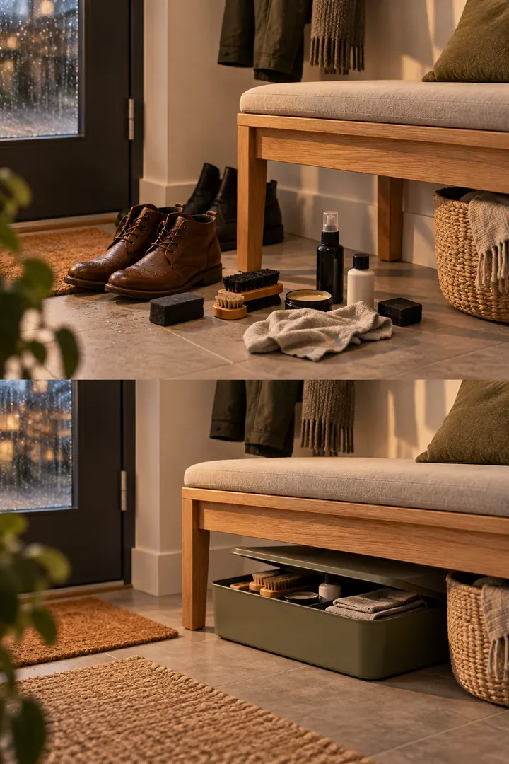 Detail/Lifestyle Photo of shoe care kit under bench in Entry bench showing use one lidded kit.