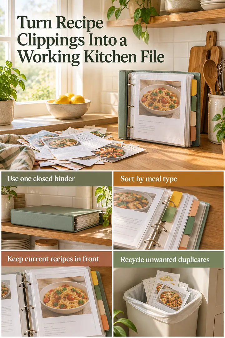 Editorial Educational Collage of recipe clipping binder pocket in Kitchen shelf showing use one closed binder.