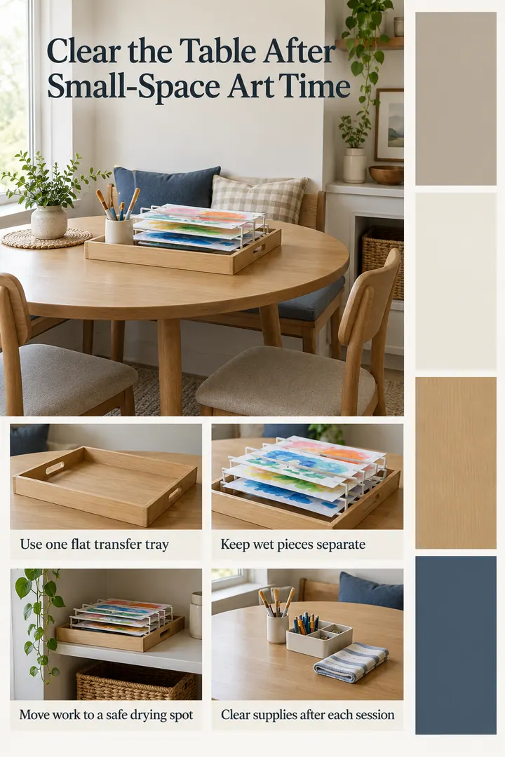Color Palette Guide of child art drying transfer tray in Dining nook showing use one flat transfer tray.