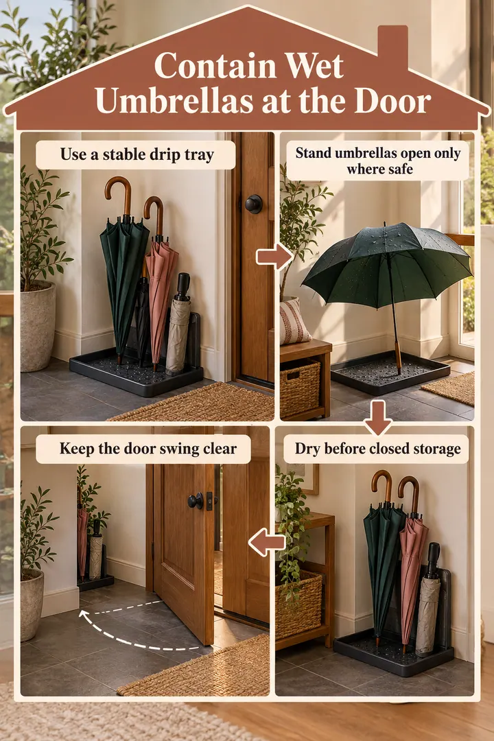Room-by-Room Visual Guide of umbrella drip tray station in Tiny entryway showing use a stable drip tray.