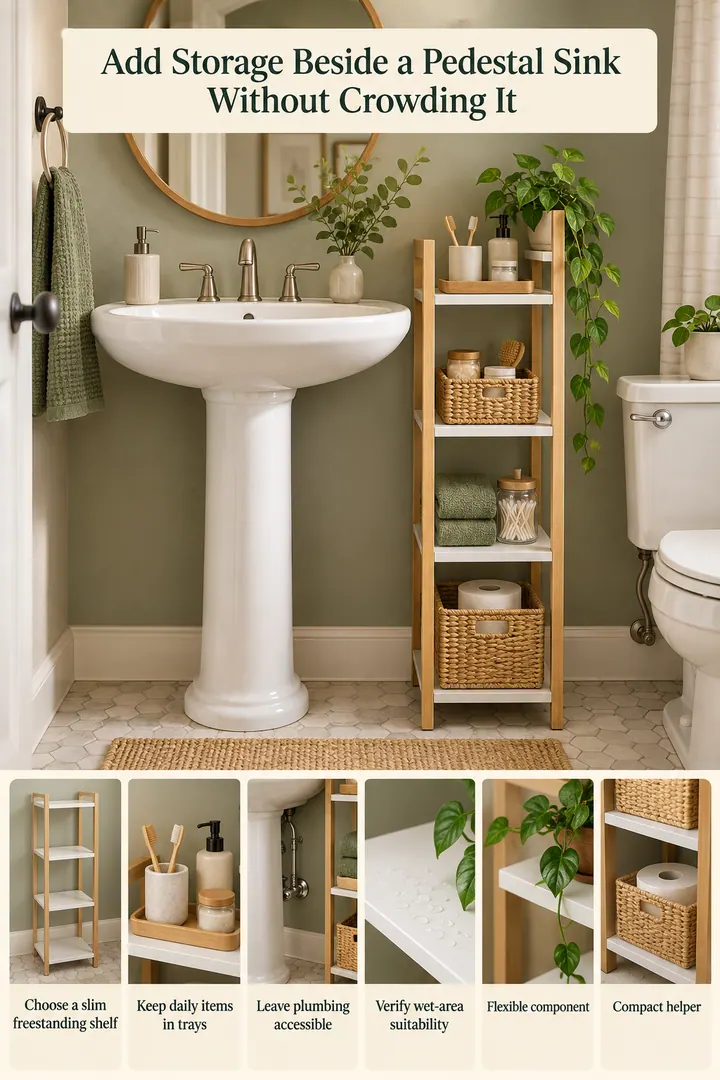 Budget Decor Catalog of pedestal sink freestanding shelf in Small bathroom showing choose a slim freestanding shelf.