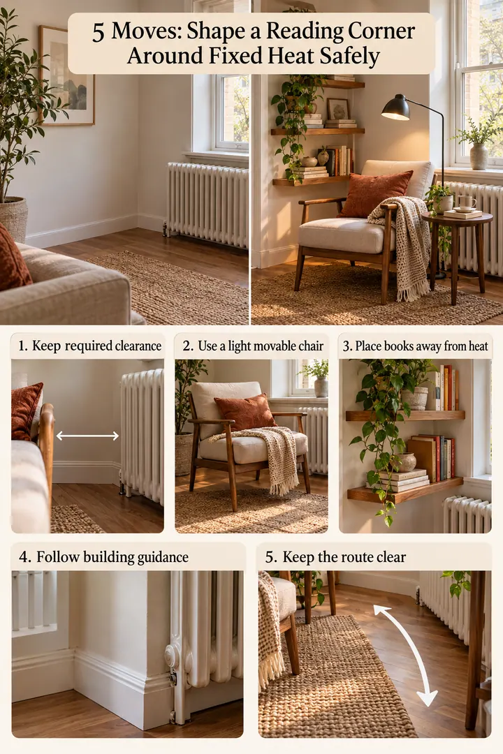 Numbered Ideas Infographic of radiator clearance reading nook in Small living room showing keep required clearance.