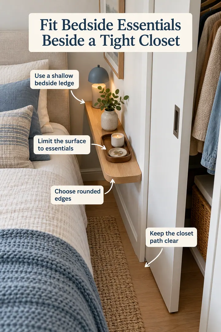 Annotated Educational Photo of sliding door bedside ledge in Narrow bedroom showing use a shallow bedside ledge.