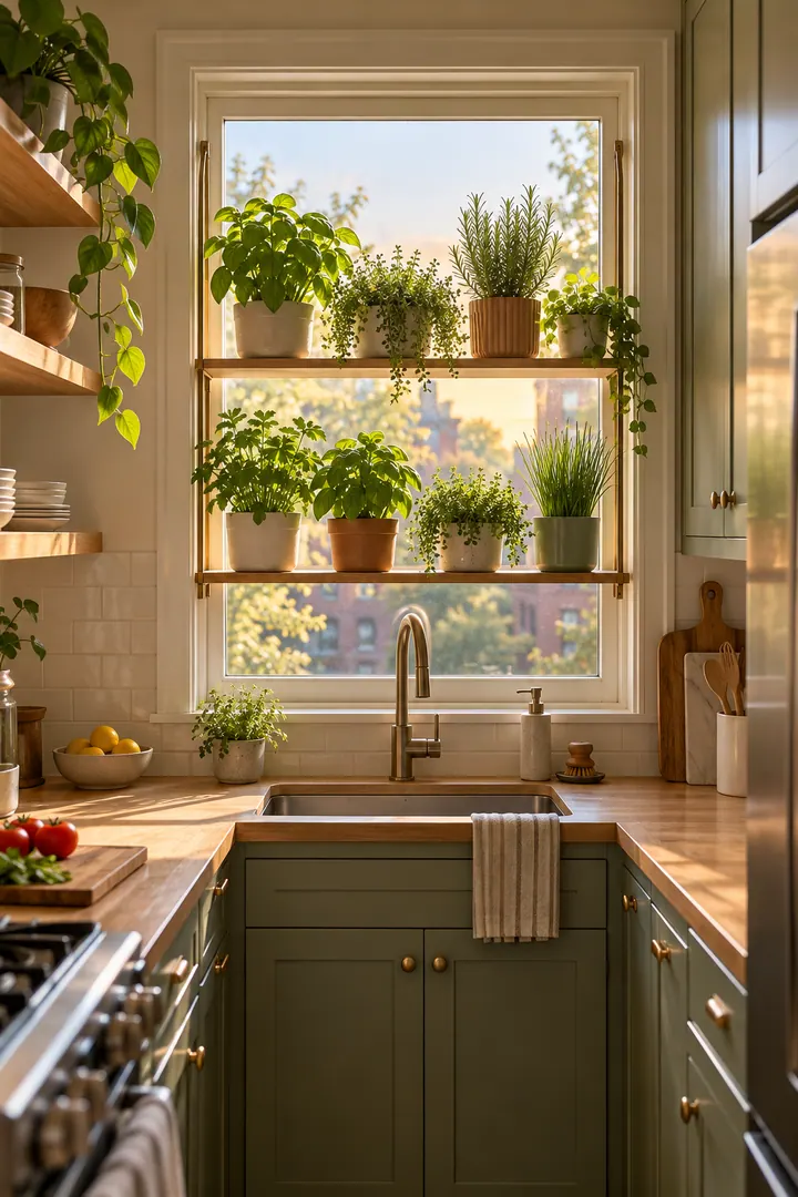 Clean Photo of kitchen window herb shelf in Galley kitchen window showing use a stable light-permitting shelf.