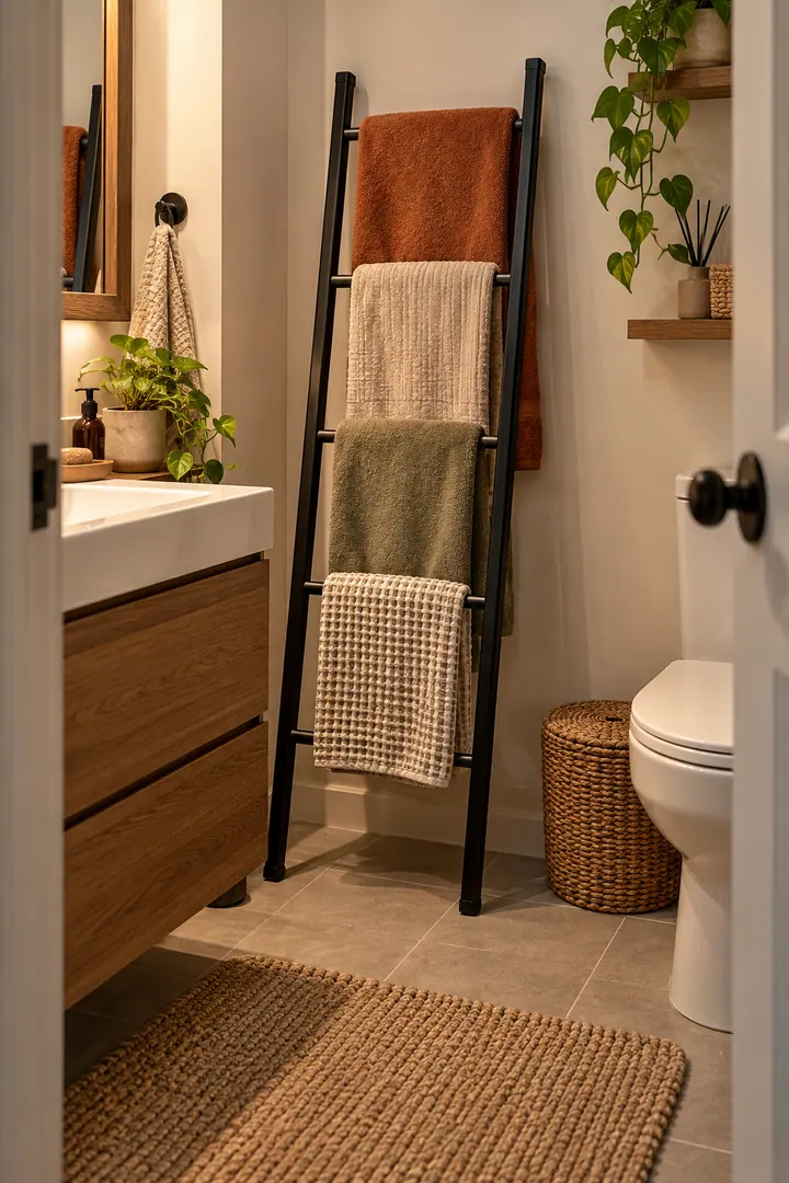 Detail/Lifestyle Photo of bath towel drying ladder in Windowless bathroom showing use a stable freestanding ladder.