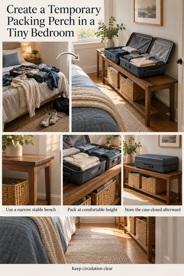 Editorial Educational Collage of bedroom suitcase packing bench in Small bedroom showing use a narrow stable bench.