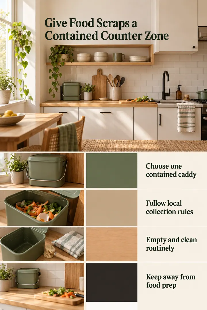 Color Palette Guide of kitchen compost caddy zone in Apartment kitchen showing choose one contained caddy.