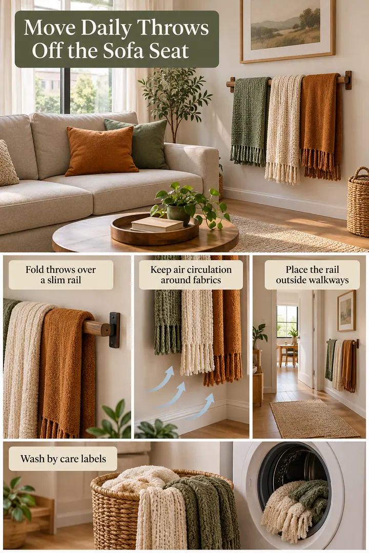 Room-by-Room Visual Guide of living room blanket rail in Small living room showing fold throws over a slim rail.