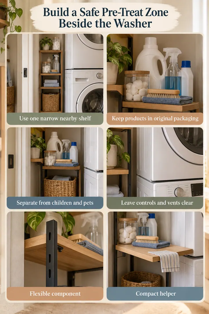 Budget Decor Catalog of laundry pre-treat shelf in Laundry closet showing use one narrow nearby shelf.