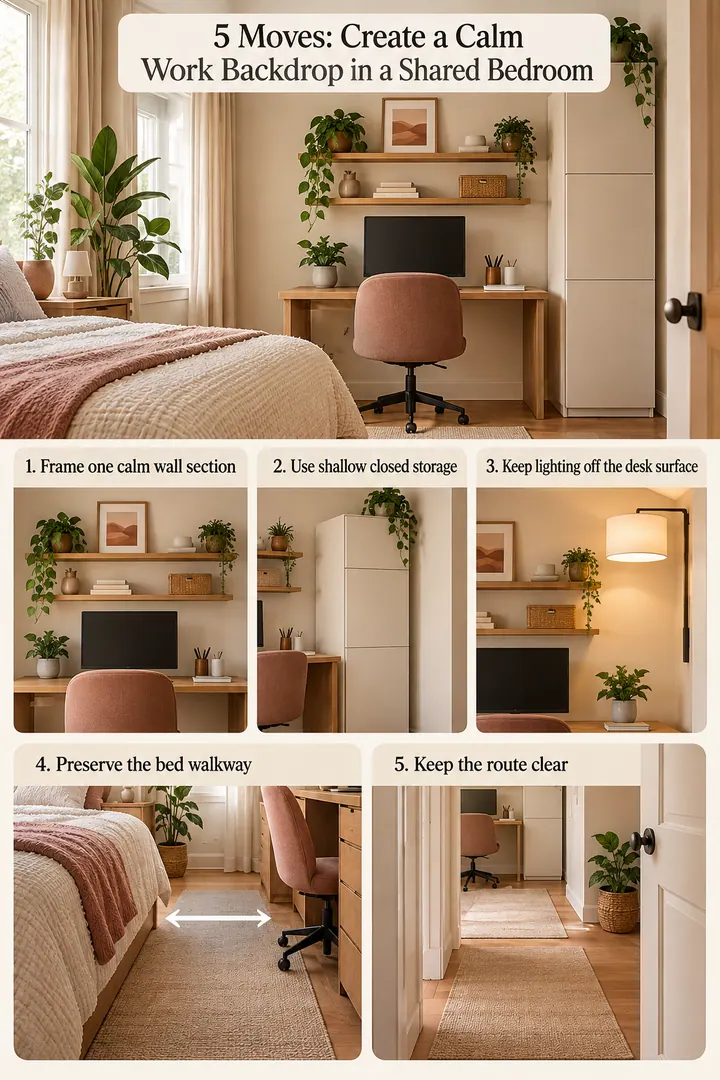 Numbered Ideas Infographic of home office video call backdrop in Bedroom office corner showing frame one calm wall section.