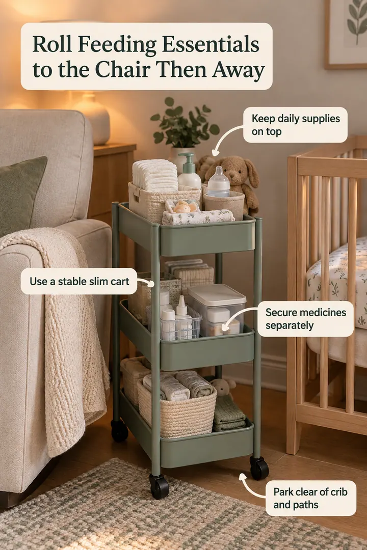 Annotated Educational Photo of narrow nursery feeding cart in Small nursery showing use a stable slim cart.