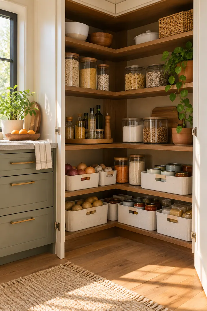 Clean Photo of accessible low pantry shelf in Compact kitchen pantry showing move daily items to a low shelf.