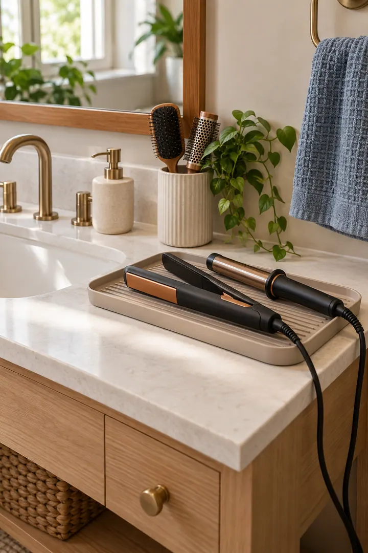 Detail/Lifestyle Photo of bathroom hair tool cool-down tray in Small bathroom vanity showing use a heat-suitable landing tray.