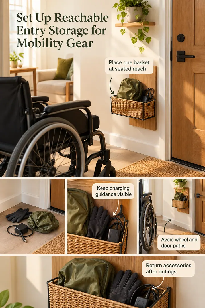 Editorial Educational Collage of entry wheelchair accessory basket in Accessible entryway showing place one basket at seated reach.
