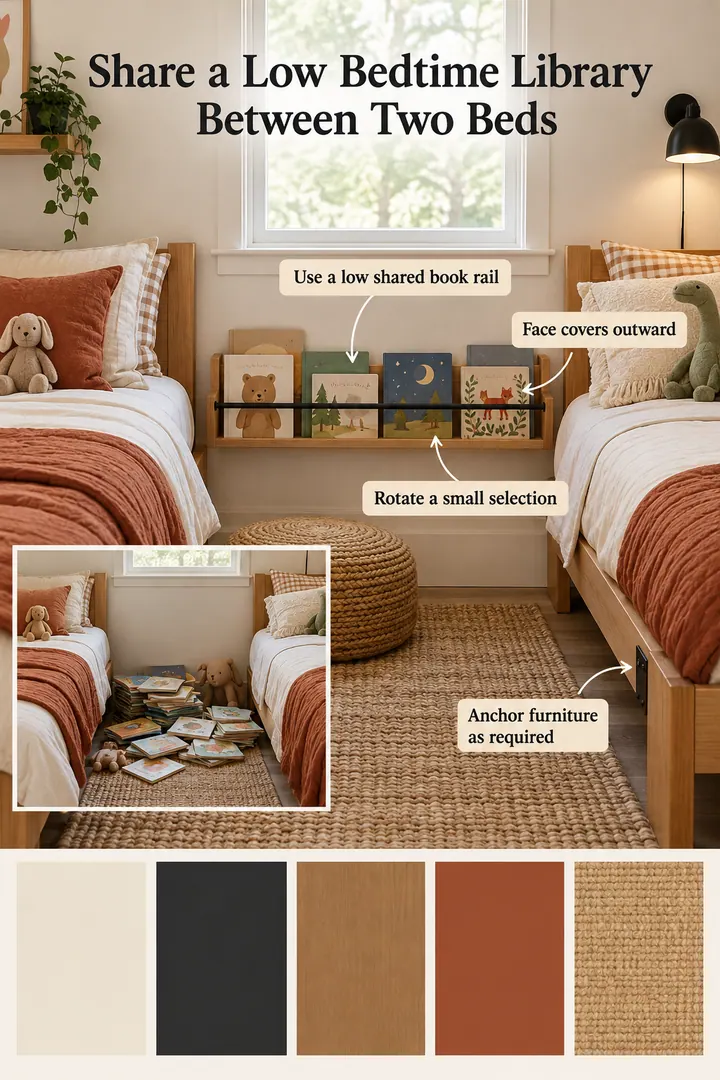 Color Palette Guide of kids room bedtime book rail in Shared kids bedroom showing use a low shared book rail.