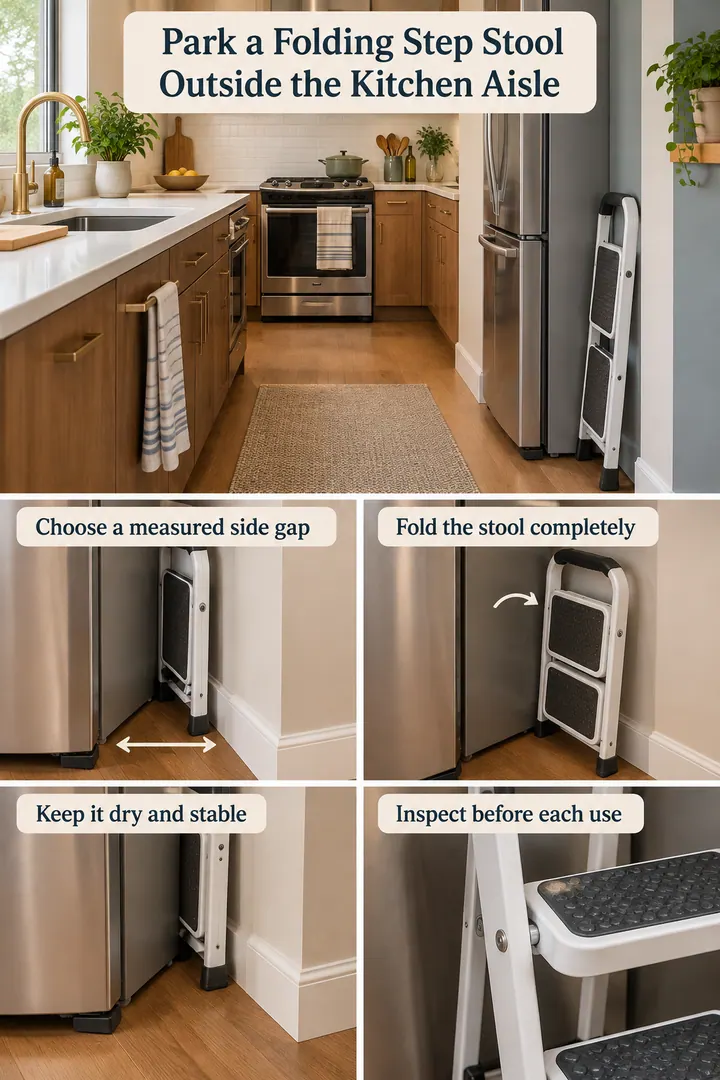 Room-by-Room Visual Guide of kitchen step stool parking gap in Small kitchen showing choose a measured side gap.