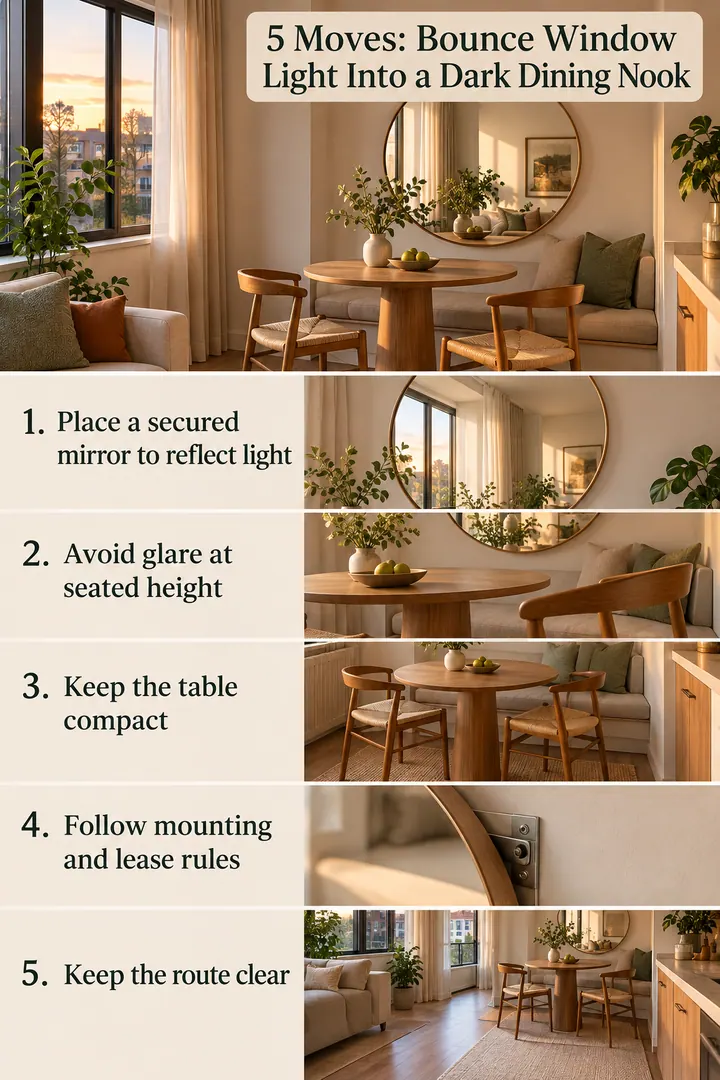 Numbered Ideas Infographic of studio dining wall mirror sightline in Studio dining nook showing place a secured mirror to reflect light.