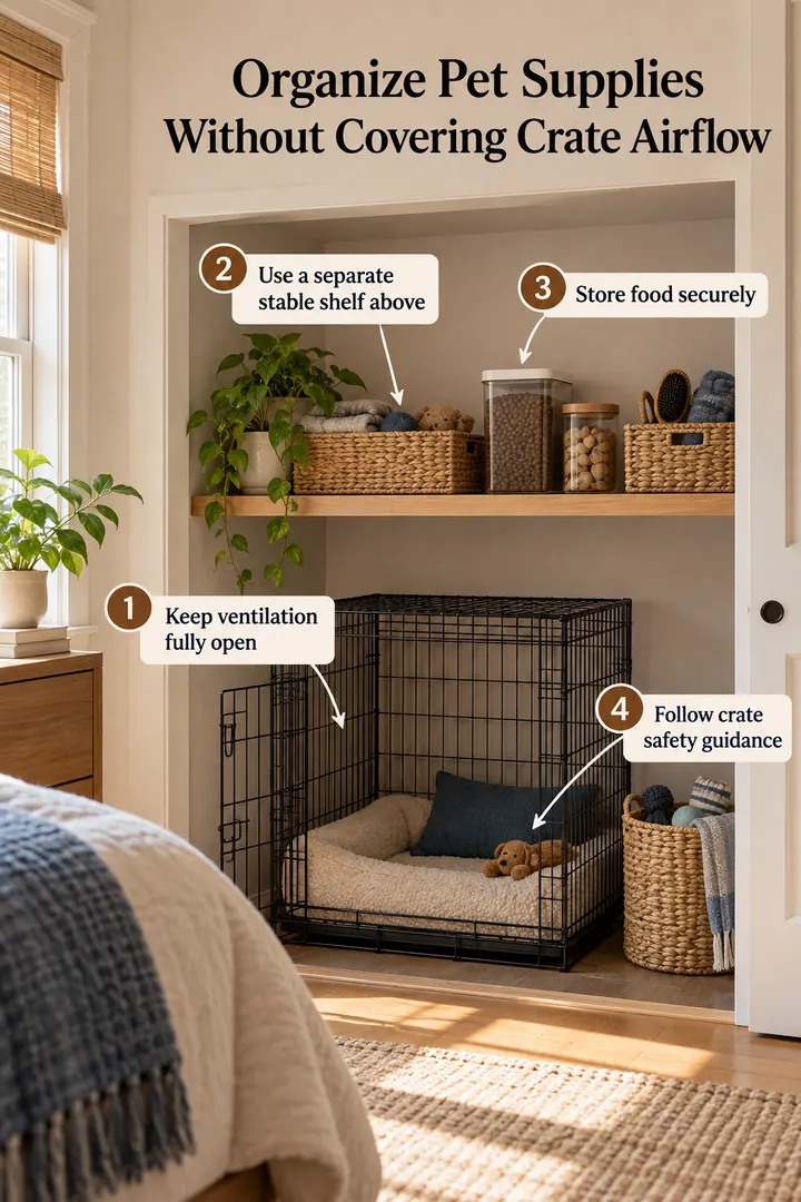 Annotated Educational Photo of closet pet crate cover shelf in Bedroom closet alcove showing keep ventilation fully open.