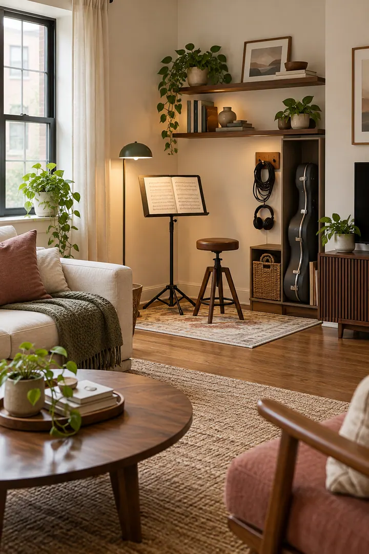 Clean Photo of living room instrument practice corner in Small living room showing assign one compact practice corner.