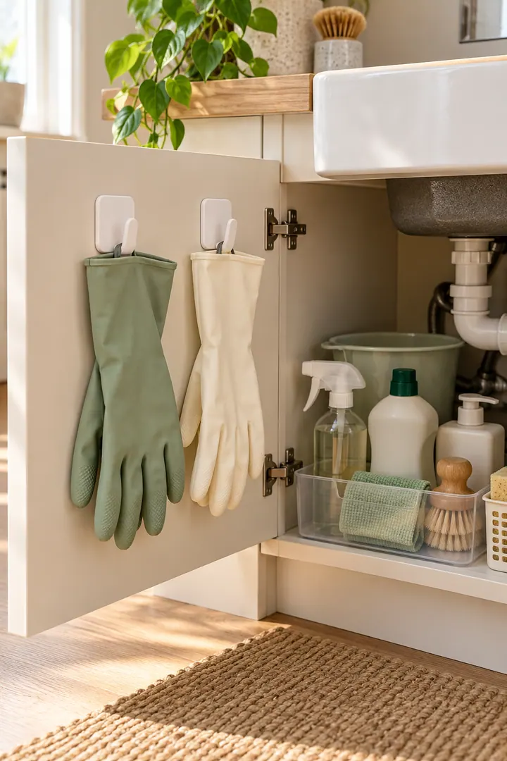 Detail/Lifestyle Photo of adhesive hook cleaning glove station in Under-sink cabinet door showing confirm an approved smooth surface.