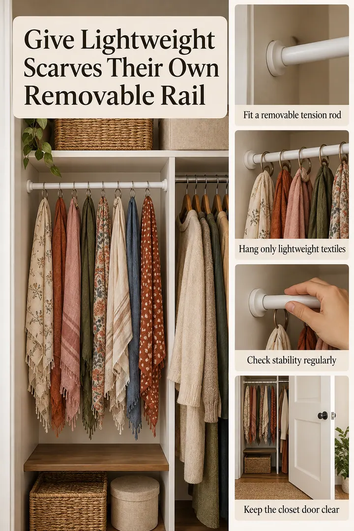 Editorial Educational Collage of tension rod scarf organizer in Reach-in closet showing fit a removable tension rod.