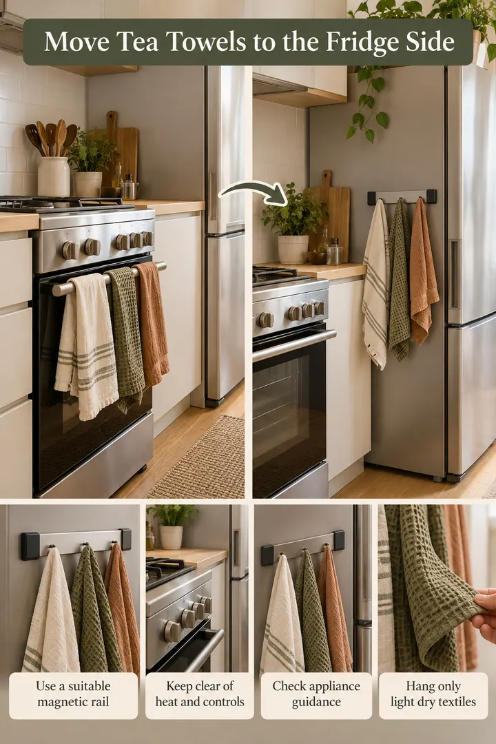 Room-by-Room Visual Guide of magnetic fridge side tea towel rail in Rental kitchen showing use a suitable magnetic rail.