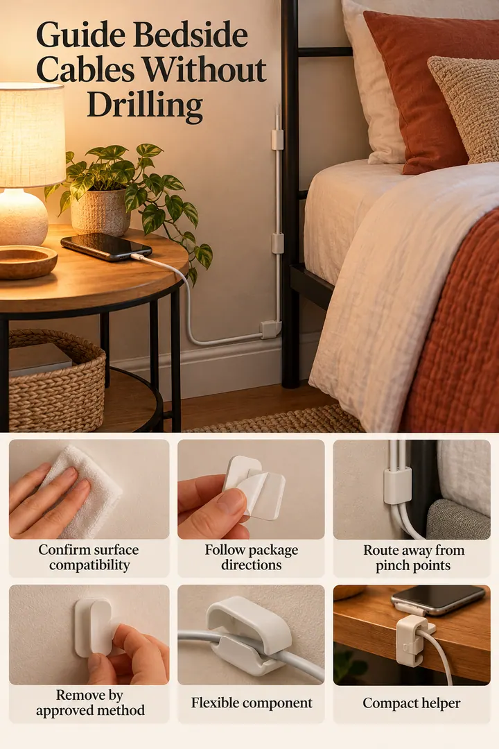 Budget Decor Catalog of adhesive cable loops bedside in Rental bedroom showing confirm surface compatibility.
