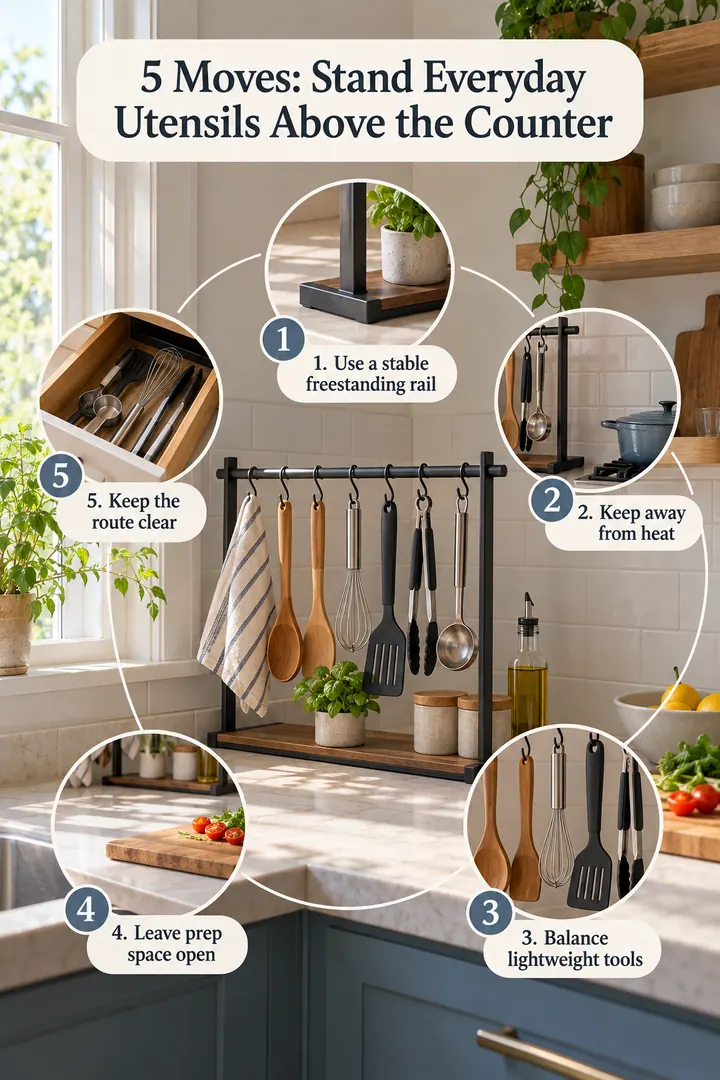 Numbered Ideas Infographic of freestanding backsplash utensil rail in Rental kitchen showing use a stable freestanding rail.