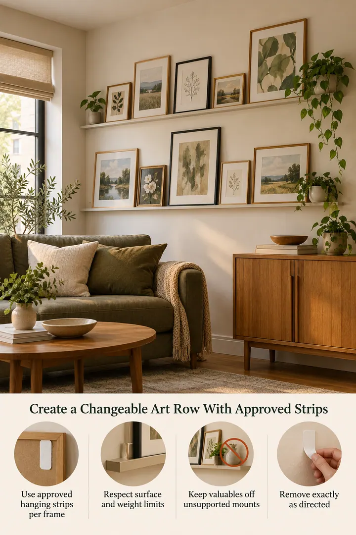 Annotated Educational Photo of removable picture ledge alternative in Living room wall showing use approved hanging strips per frame.