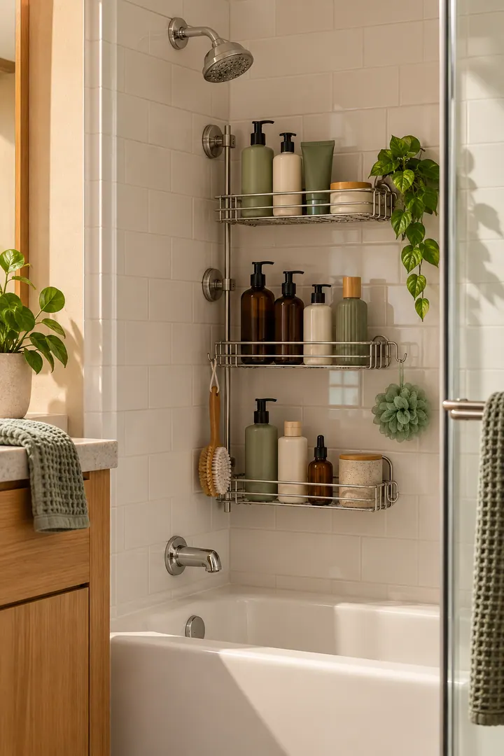 Clean Photo of no-drill shower caddy routine zones in Rental shower showing use a wet-area approved caddy.