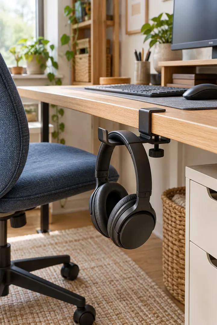 Detail/Lifestyle Photo of clamp-on desk headphone hook in Rental home office showing clamp to a compatible desk edge.