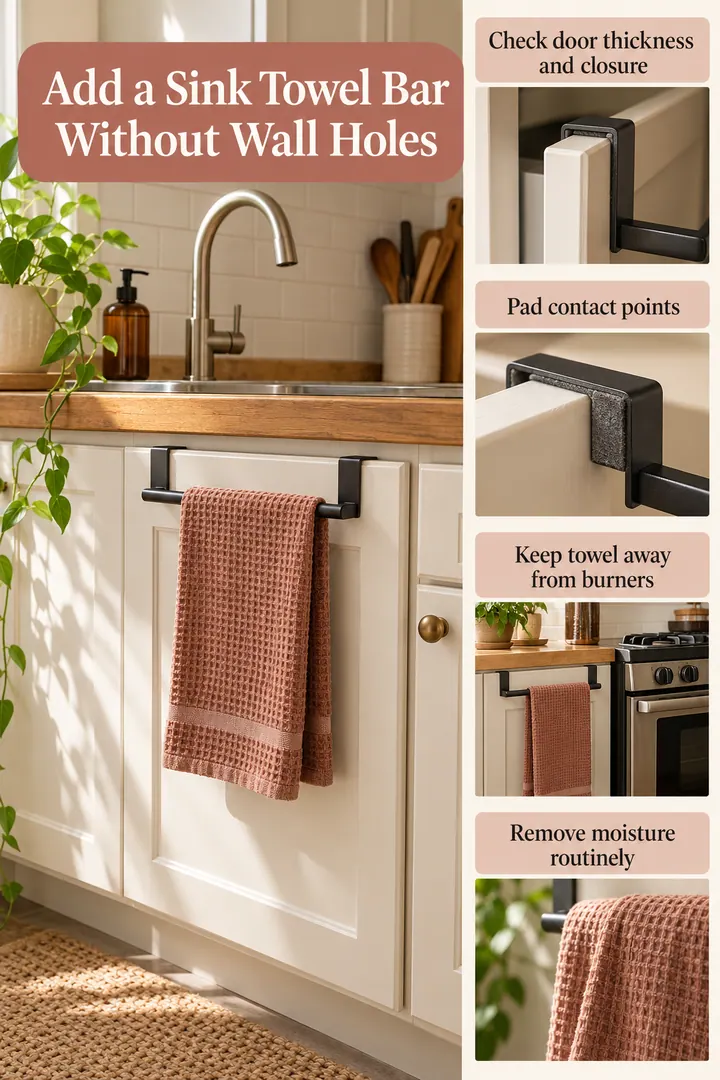 Editorial Educational Collage of over-cabinet door towel bar in Rental kitchen showing check door thickness and closure.