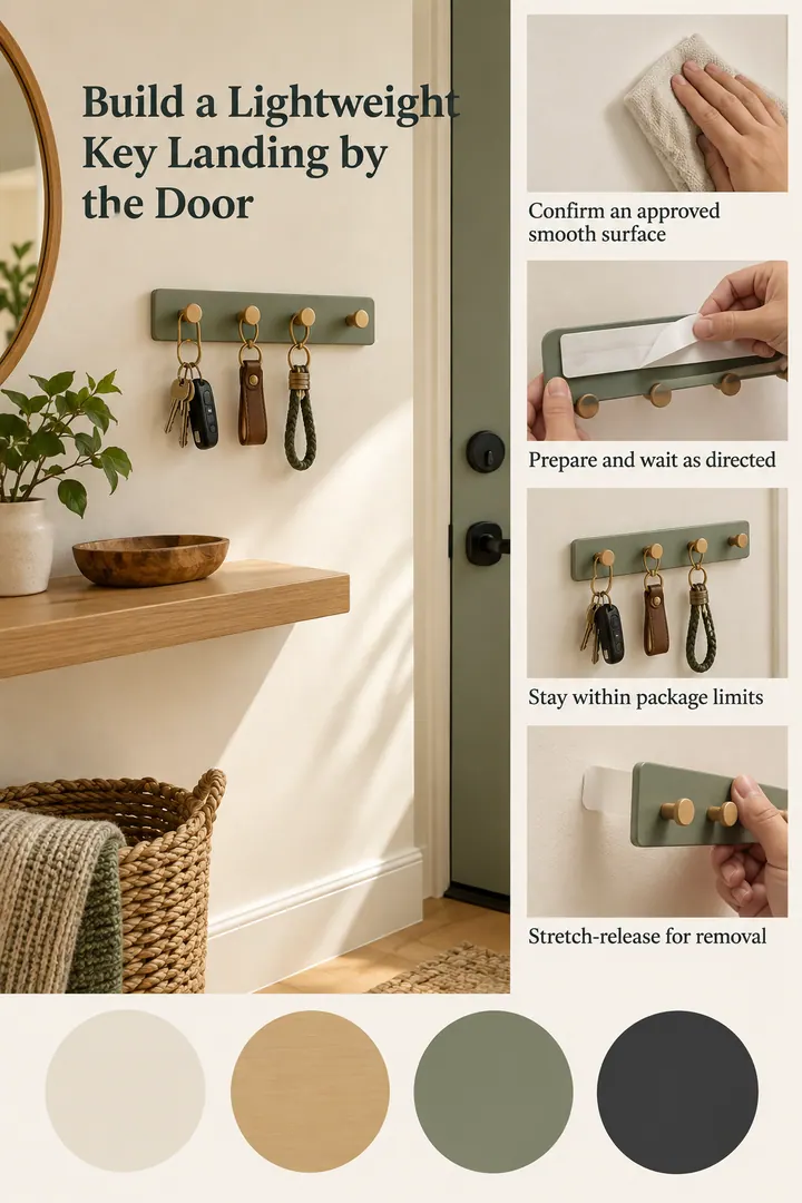 Color Palette Guide of adhesive entry key hook row in Rental entryway showing confirm an approved smooth surface.