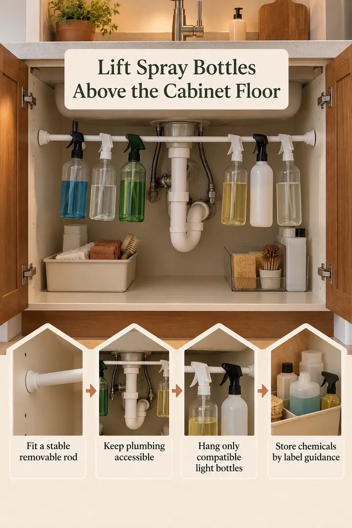 Room-by-Room Visual Guide of tension rod under sink spray bottles in Rental kitchen cabinet showing fit a stable removable rod.