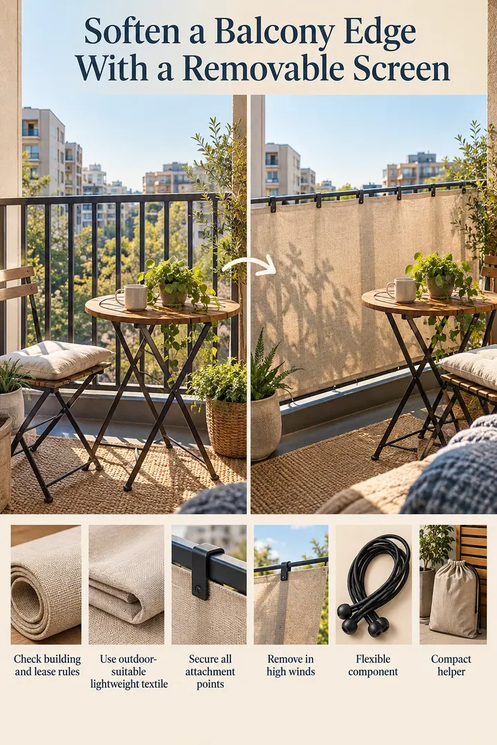 Budget Decor Catalog of clip-on balcony privacy textile in Rental balcony showing check building and lease rules.