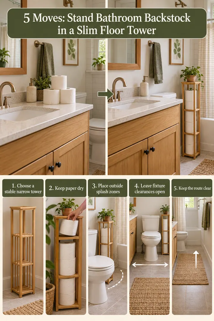 Numbered Ideas Infographic of freestanding toilet paper reserve tower in Rental bathroom showing choose a stable narrow tower.