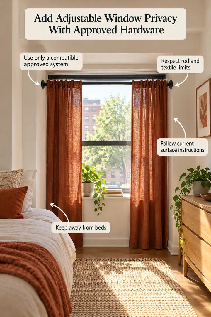 Annotated Educational Photo of removable curtain rod window nook in Rental studio showing use only a compatible approved system.