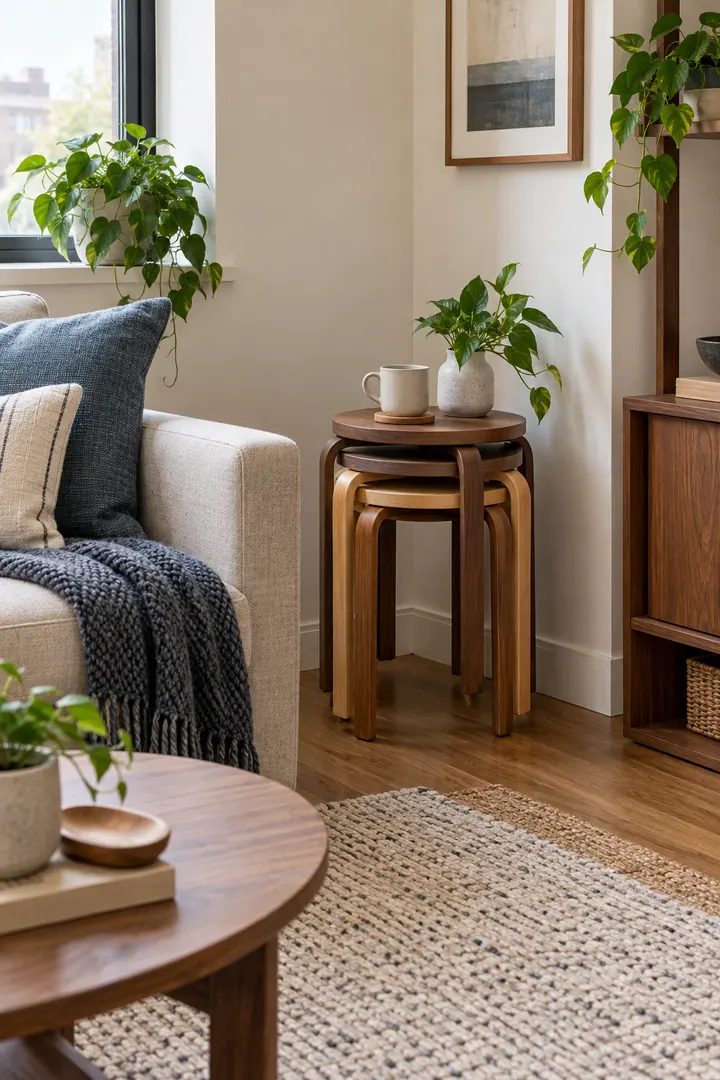Clean Photo of stackable stool side table in Studio living area showing choose stools designed to stack.