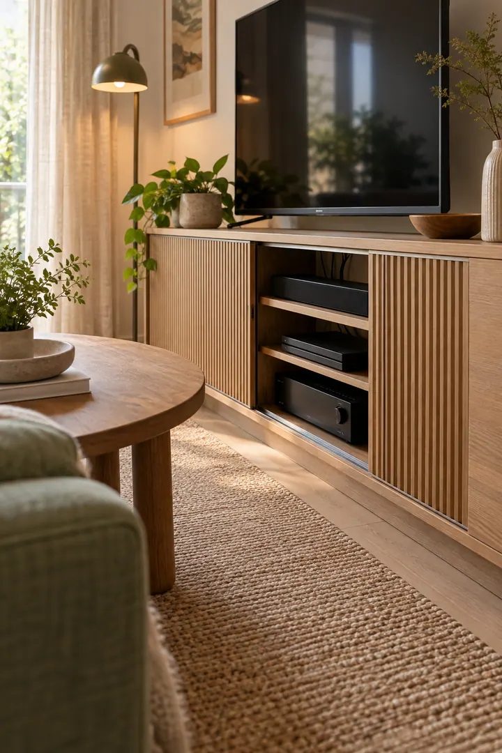 Detail/Lifestyle Photo of sliding door media cabinet in Small living room showing choose sliding fronts.