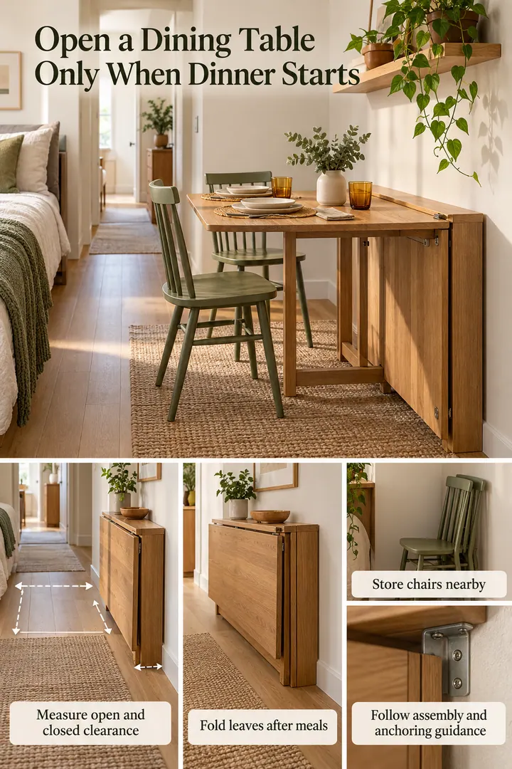 Editorial Educational Collage of drop leaf console dining table in Studio wall showing measure open and closed clearance.