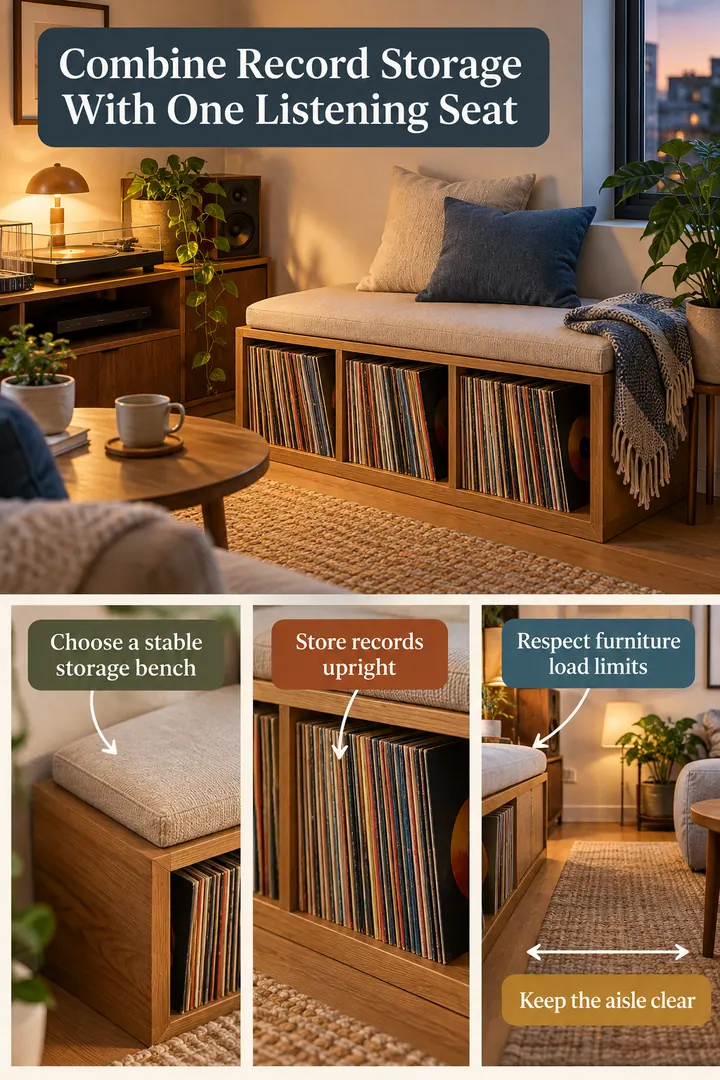 Room-by-Room Visual Guide of storage bench record listening seat in Living room music corner showing choose a stable storage bench.